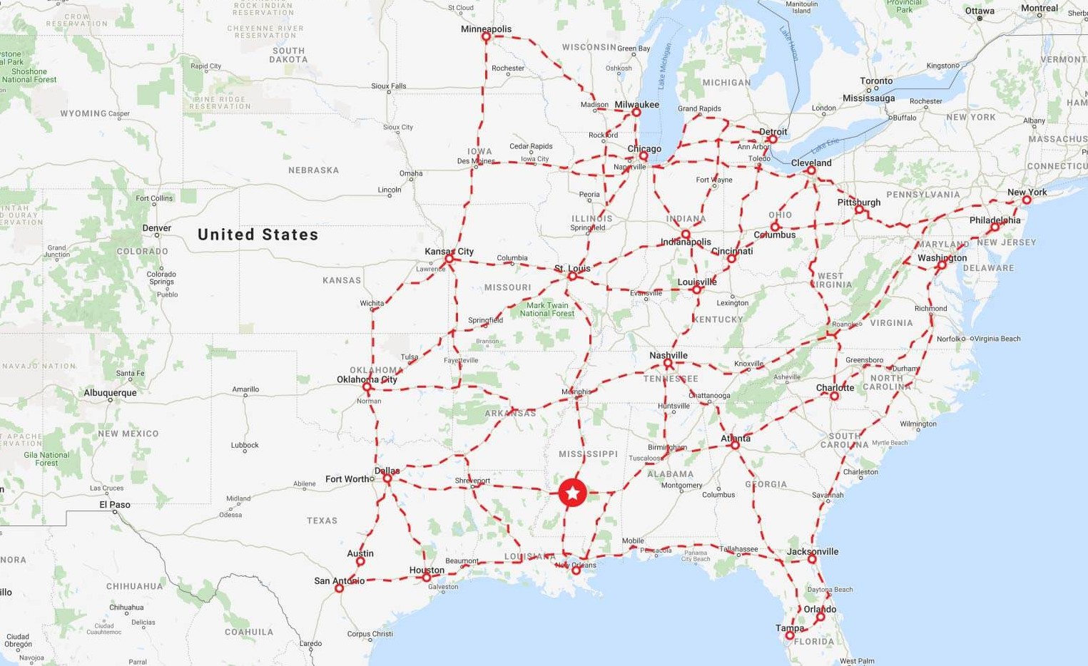 Monster Express service area map showing nationwide coverage routes across the United States